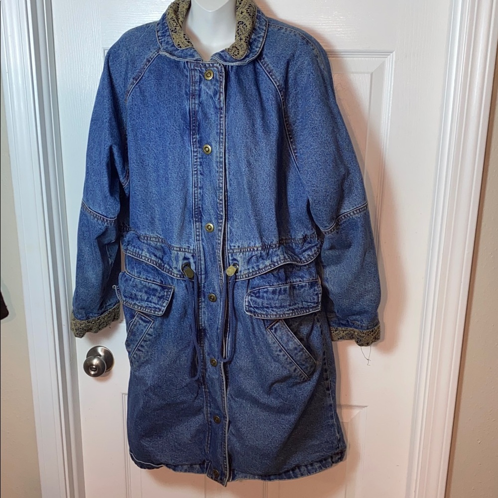 Current Seen Blue Denim Barn Coat with Lace Patterned Trim Size Medium Heavy